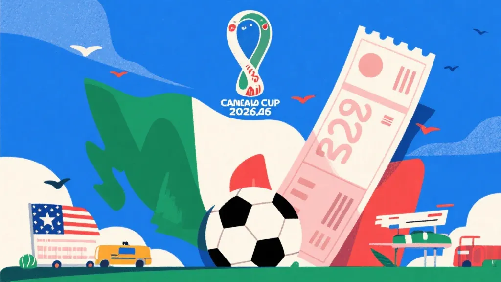 2026年美加墨世界杯概念图，包含足球与高昂旅行账单元素